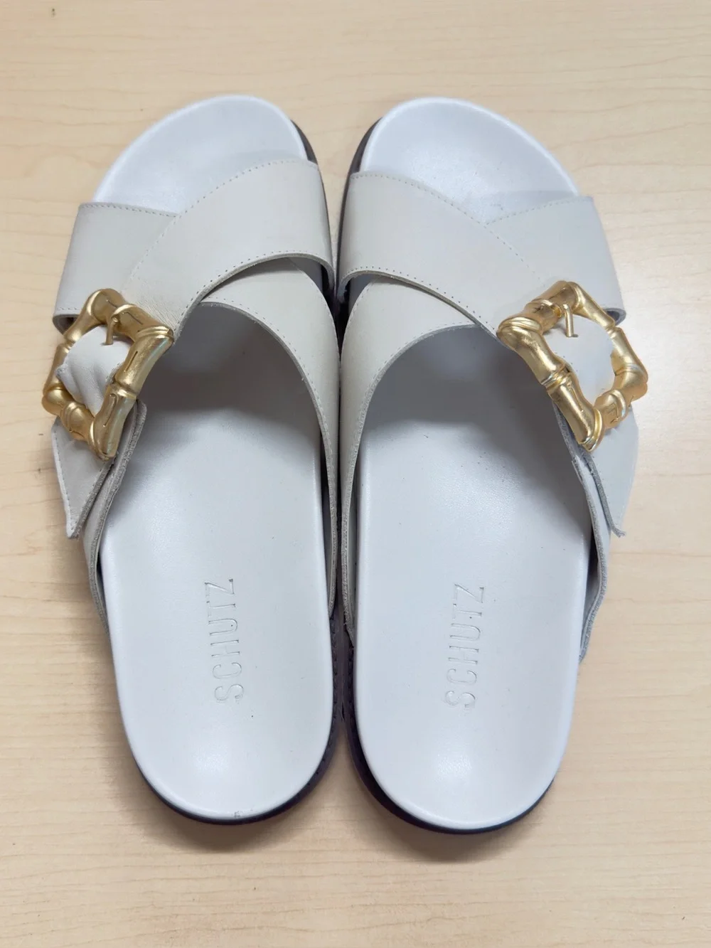 SCHUTZ Enola Leather Crossband Gold Buckle Slide Sandals Pearl White 8.5